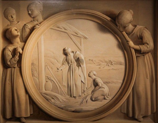 Medaillon met Boaz en Ruth omringd door weesmeisjes, Jacob de Wit, 1745