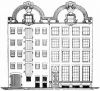 Dubbel pakhuis De Klok met topgevels uit 1735. Uit: Amsterdam en de Amsterdammers door een Amsterdammer, 1875