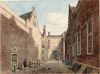 In midden op de achtergrond de ingang van het Sint-Jorishof, Korte Spinhuissteeg 3. Links het Spinhuis, Spinhuissteeg 1. Tekening van R. Vinkeles, 1799
