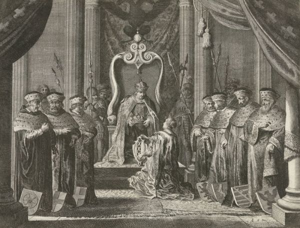 Keizer Maximiliaan I van Habsburg verleent de keizerskroon aan Amsterdam, Pieter Nolpe, 1638, ets en gravure (Rijksmuseum)